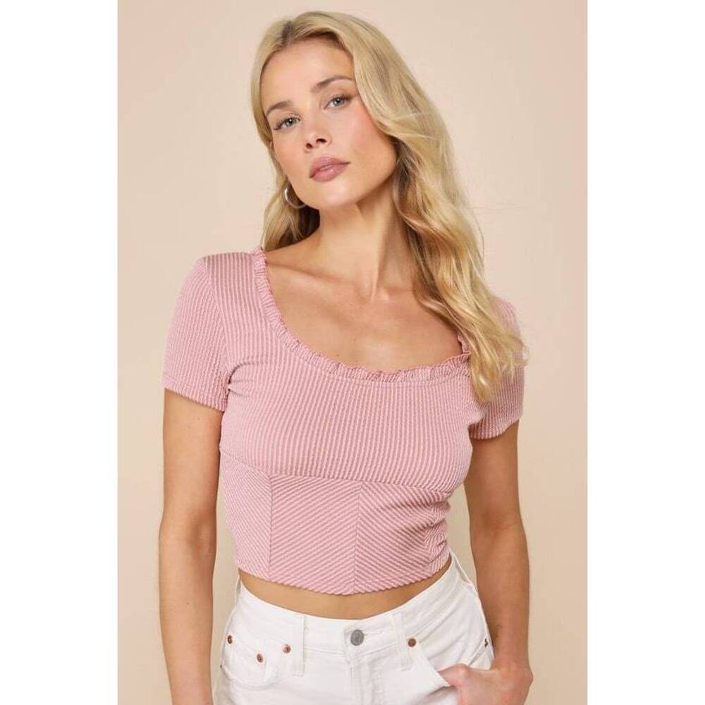 Never Worn Lulus Cutest Feeling Pink Textured Ribbed Ruffled Crop Top - Size M